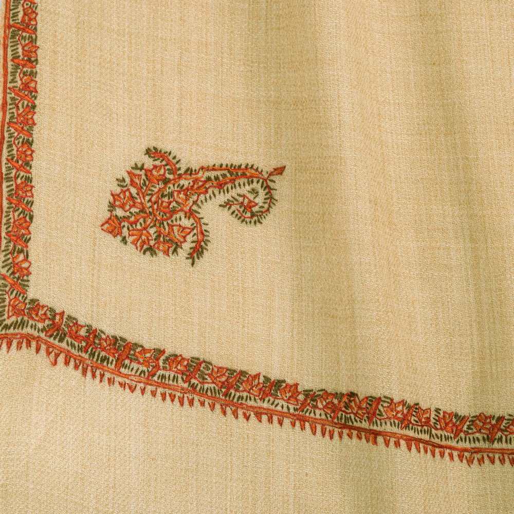 Sanskriti Vintage Long Ivory Woolen Shawl Hand Embroidered Suzani Throw Stole