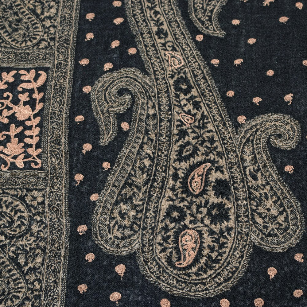 Sanskriti Vintage Long Black Woolen Shawl Woven Ari Embroidery Scarf Throw Stole