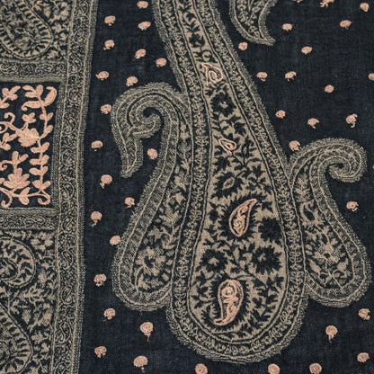 Sanskriti Vintage Long Black Woolen Shawl Woven Ari Embroidery Scarf Throw Stole