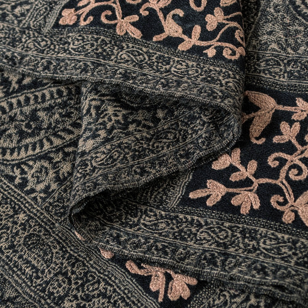 Sanskriti Vintage Long Black Woolen Shawl Woven Ari Embroidery Scarf Throw Stole
