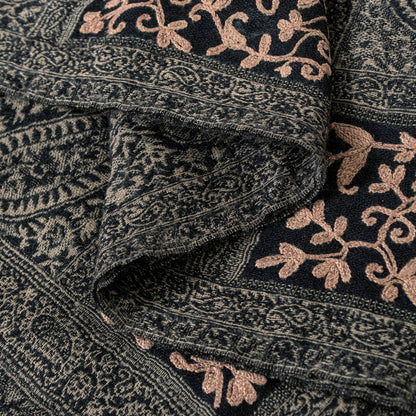 Sanskriti Vintage Long Black Woolen Shawl Woven Ari Embroidery Scarf Throw Stole