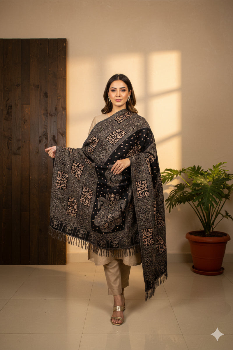 Sanskriti Vintage Long Black Woolen Shawl Woven Ari Embroidery Scarf Throw Stole