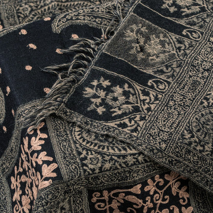 Sanskriti Vintage Long Black Woolen Shawl Woven Ari Embroidery Scarf Throw Stole