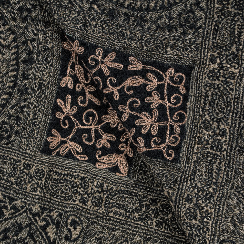 Sanskriti Vintage Long Black Woolen Shawl Woven Ari Embroidery Scarf Throw Stole