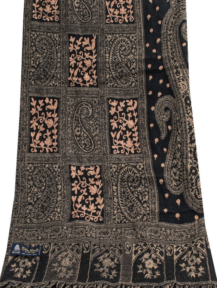 Sanskriti Vintage Long Black Woolen Shawl Woven Ari Embroidery Scarf Throw Stole