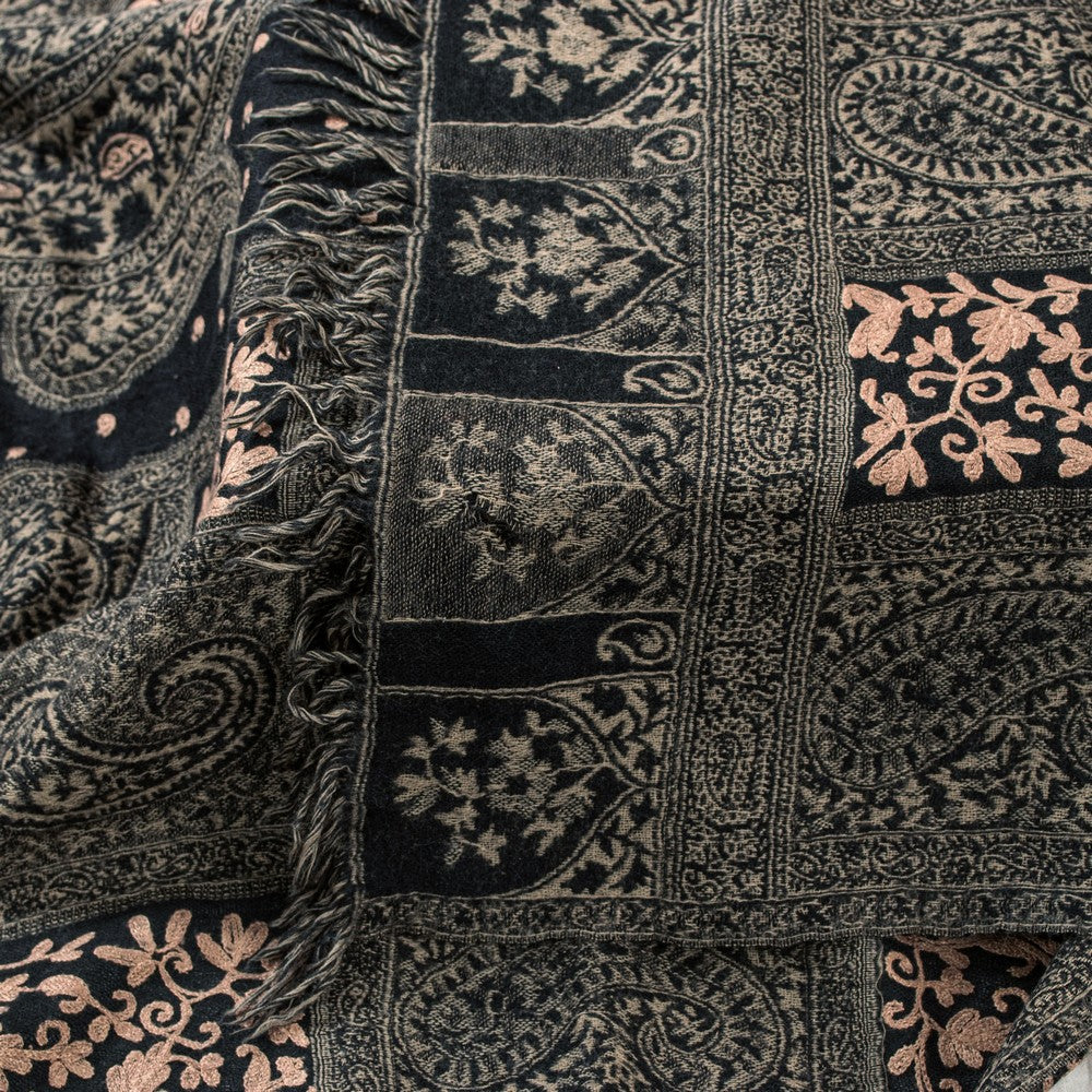 Sanskriti Vintage Long Black Woolen Shawl Woven Ari Embroidery Scarf Throw Stole