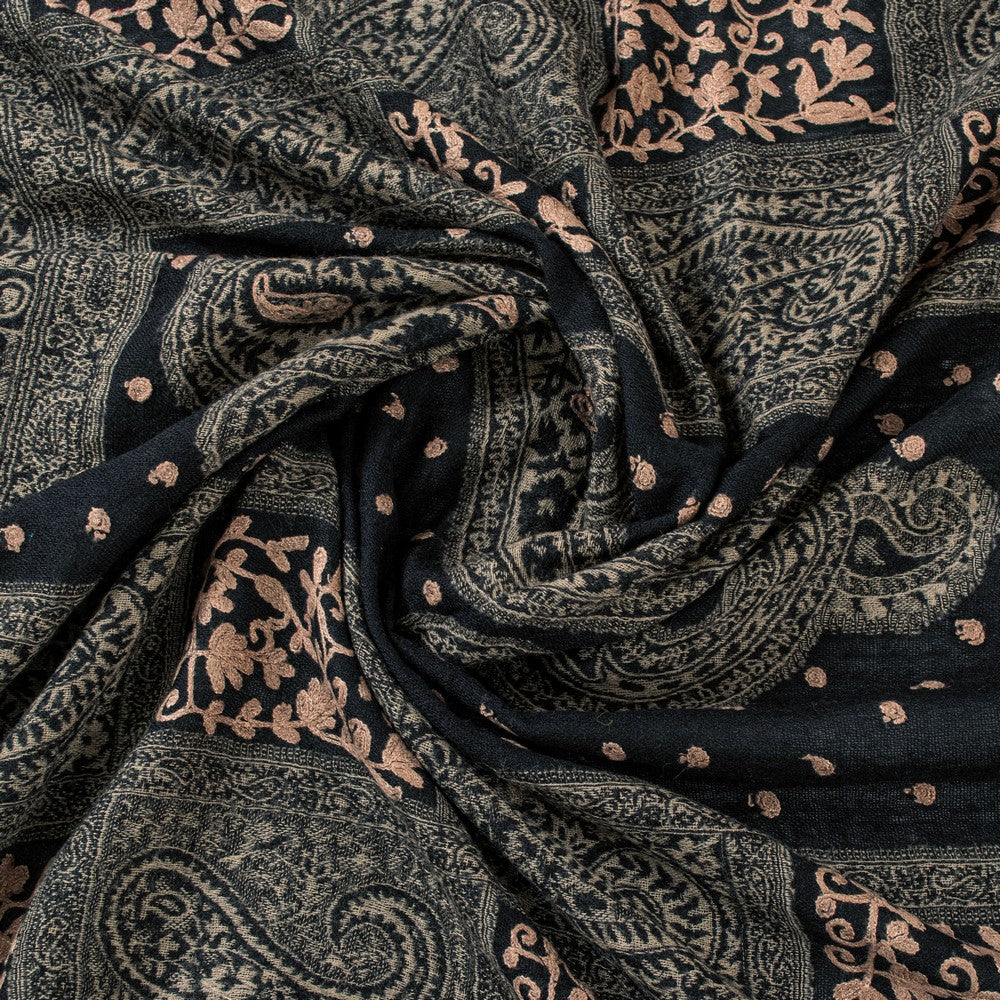 Sanskriti Vintage Long Black Woolen Shawl Woven Ari Embroidery Scarf Throw Stole