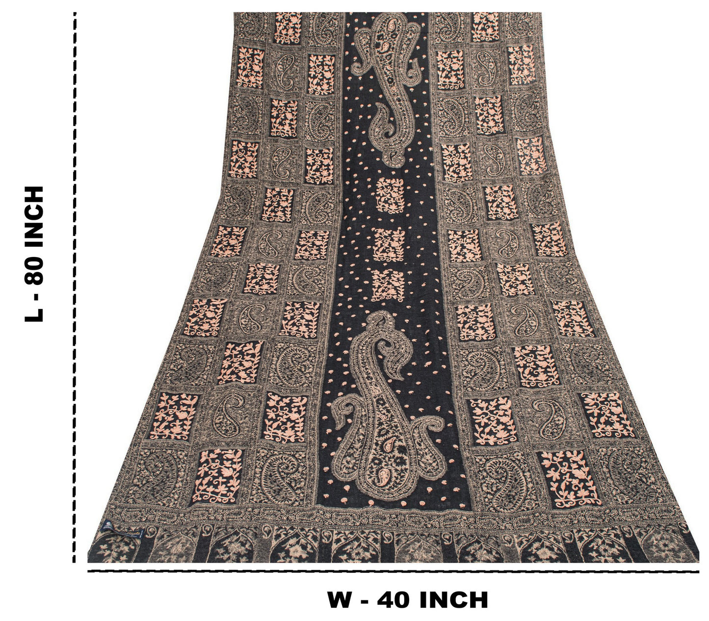 Sanskriti Vintage Long Black Woolen Shawl Woven Ari Embroidery Scarf Throw Stole