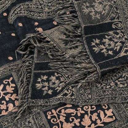 Sanskriti Vintage Long Black Woolen Shawl Woven Ari Embroidery Scarf Throw Stole