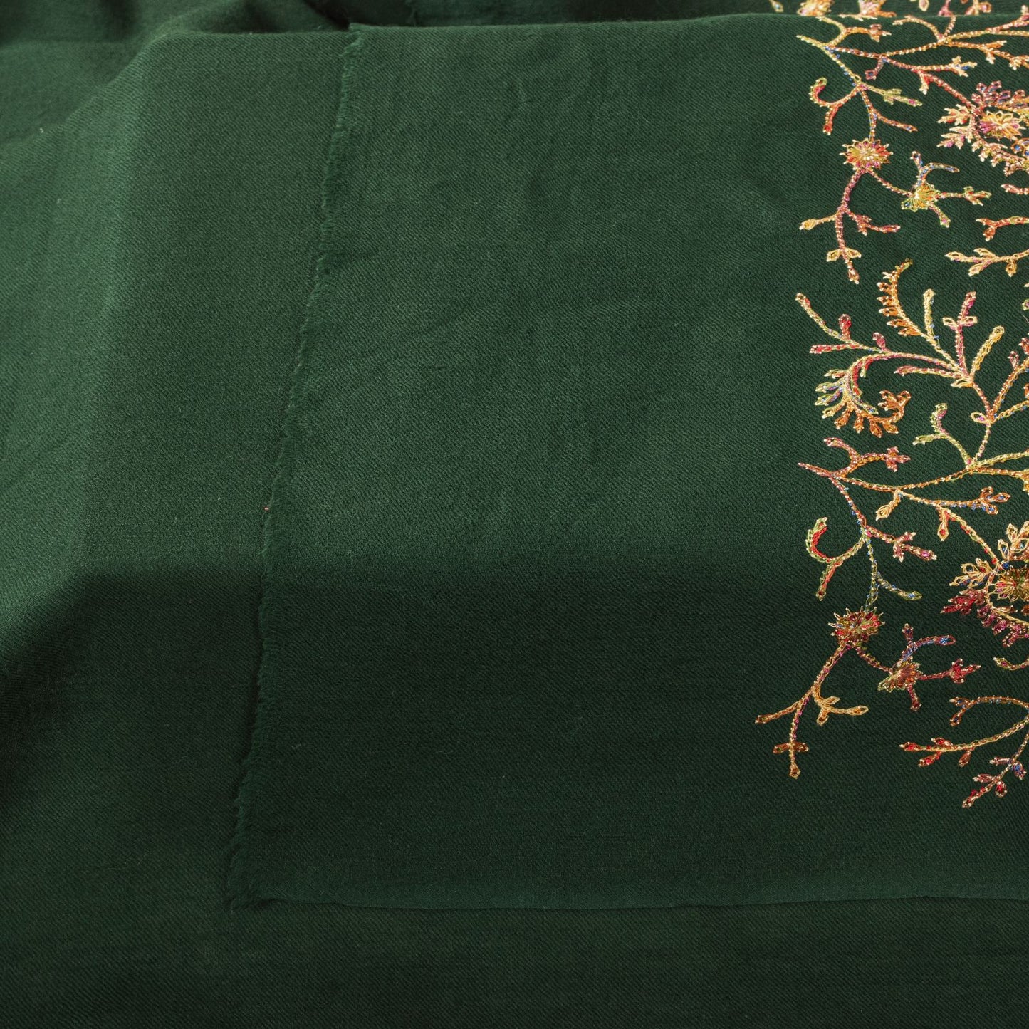 Sanskriti Vintage Green Soft Pure Wool Shawl Aari Hand Embroidered Kashmiri Wrap
