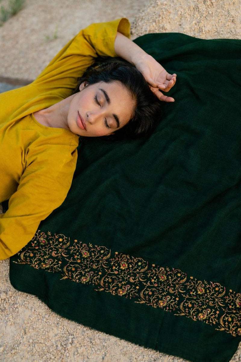 Sanskriti Vintage Green Soft Pure Wool Shawl Aari Hand Embroidered Kashmiri Wrap