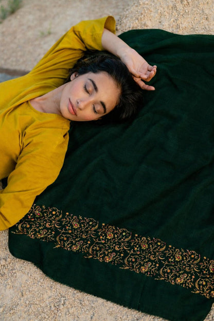 Sanskriti Vintage Green Soft Pure Wool Shawl Aari Hand Embroidered Kashmiri Wrap