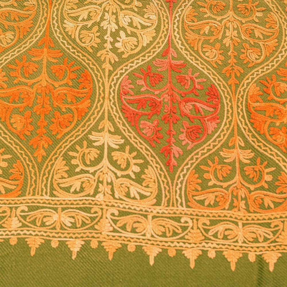 Sanskriti Vintage Long Green Woolen Embroidery Aari Kashmiri Sustainable Stole