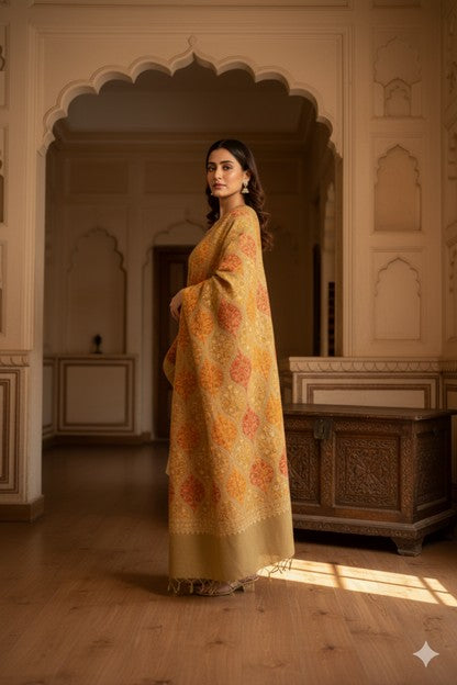 Sanskriti Vintage Long Green Woolen Embroidery Aari Kashmiri Sustainable Stole