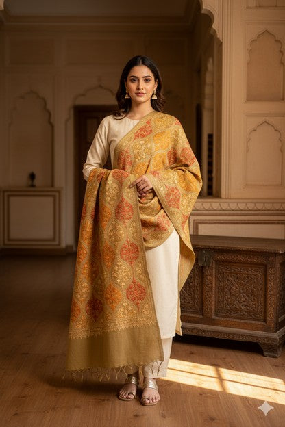 Sanskriti Vintage Long Green Woolen Embroidery Aari Kashmiri Sustainable Stole