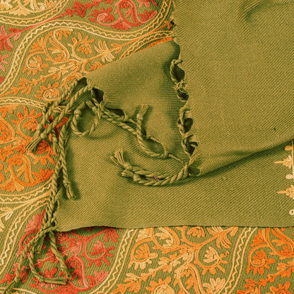 Sanskriti Vintage Long Green Woolen Embroidery Aari Kashmiri Sustainable Stole
