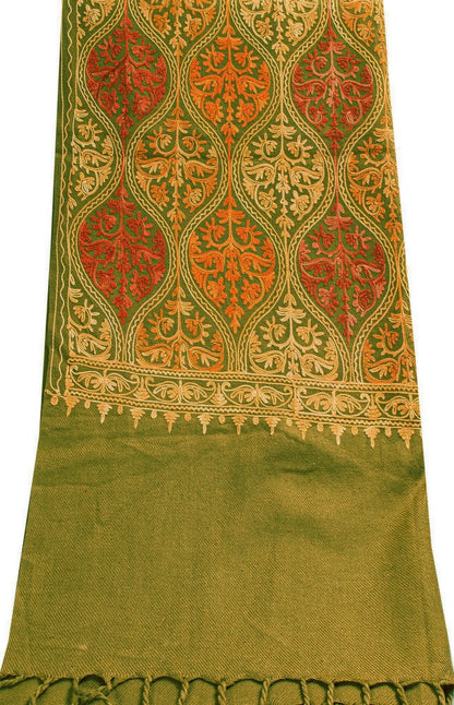 Sanskriti Vintage Long Green Woolen Embroidery Aari Kashmiri Sustainable Stole