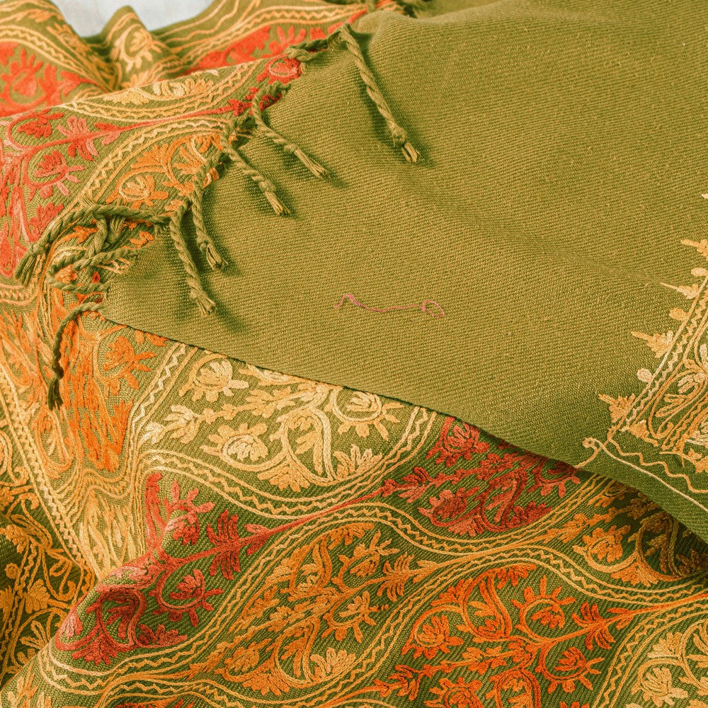 Sanskriti Vintage Long Green Woolen Embroidery Aari Kashmiri Sustainable Stole
