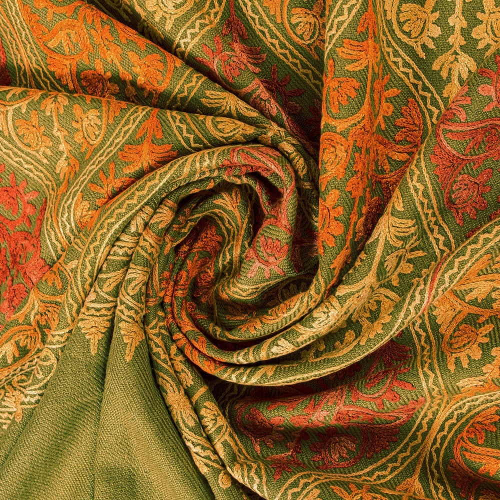 Sanskriti Vintage Long Green Woolen Embroidery Aari Kashmiri Sustainable Stole