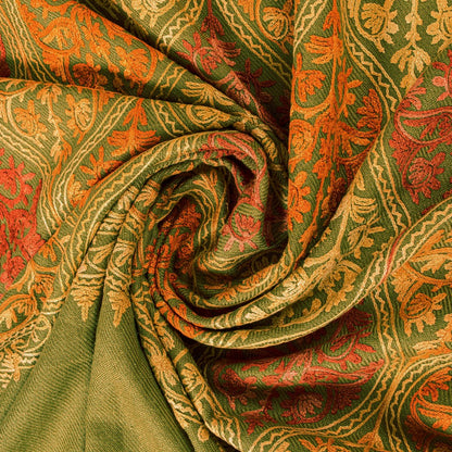 Sanskriti Vintage Long Green Woolen Embroidery Aari Kashmiri Sustainable Stole