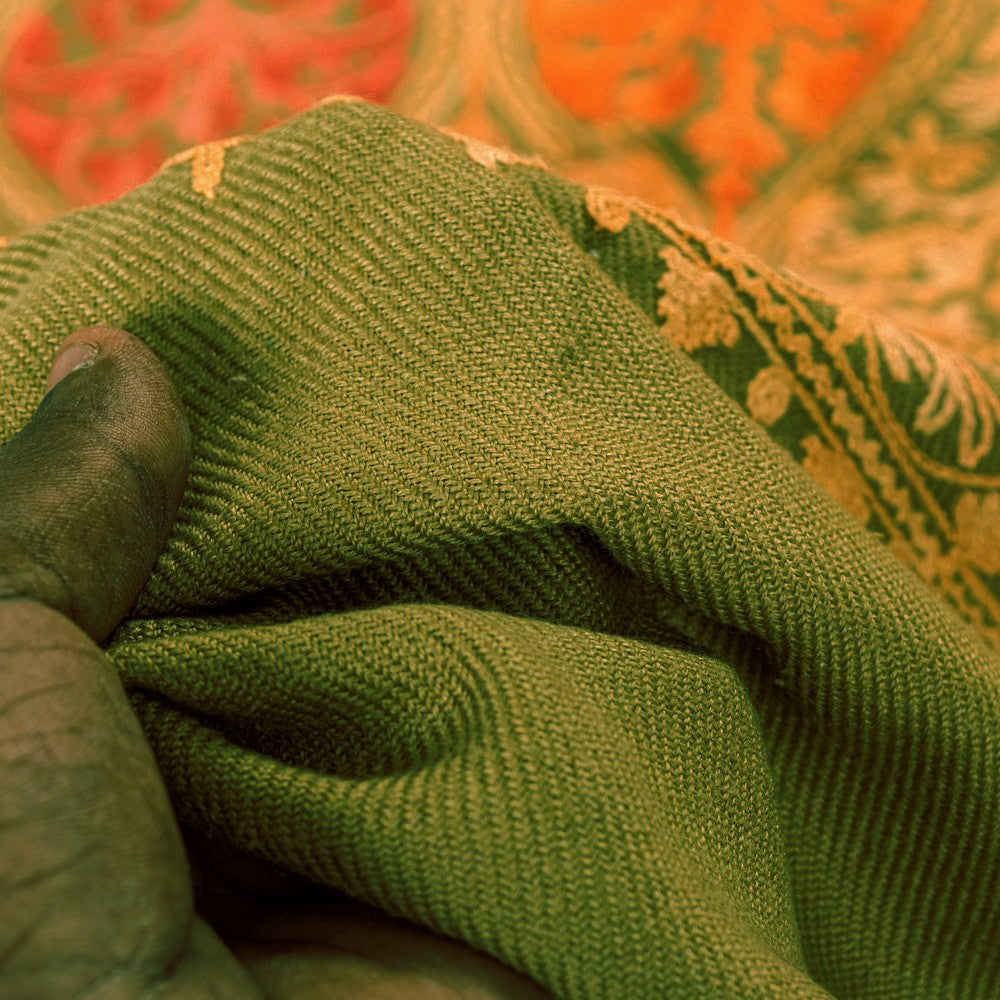 Sanskriti Vintage Long Green Woolen Embroidery Aari Kashmiri Sustainable Stole