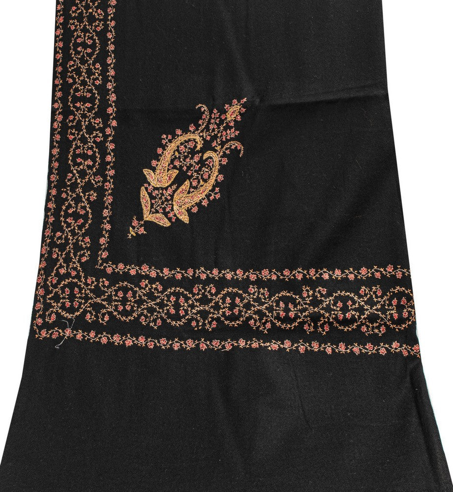 Sanskriti Vintage Long Black Woolen Shawl Hand Embroidered Suzani Throw Stole