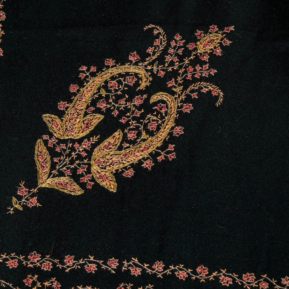Sanskriti Vintage Long Black Woolen Shawl Hand Embroidered Suzani Throw Stole