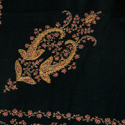 Sanskriti Vintage Long Black Woolen Shawl Hand Embroidered Suzani Throw Stole