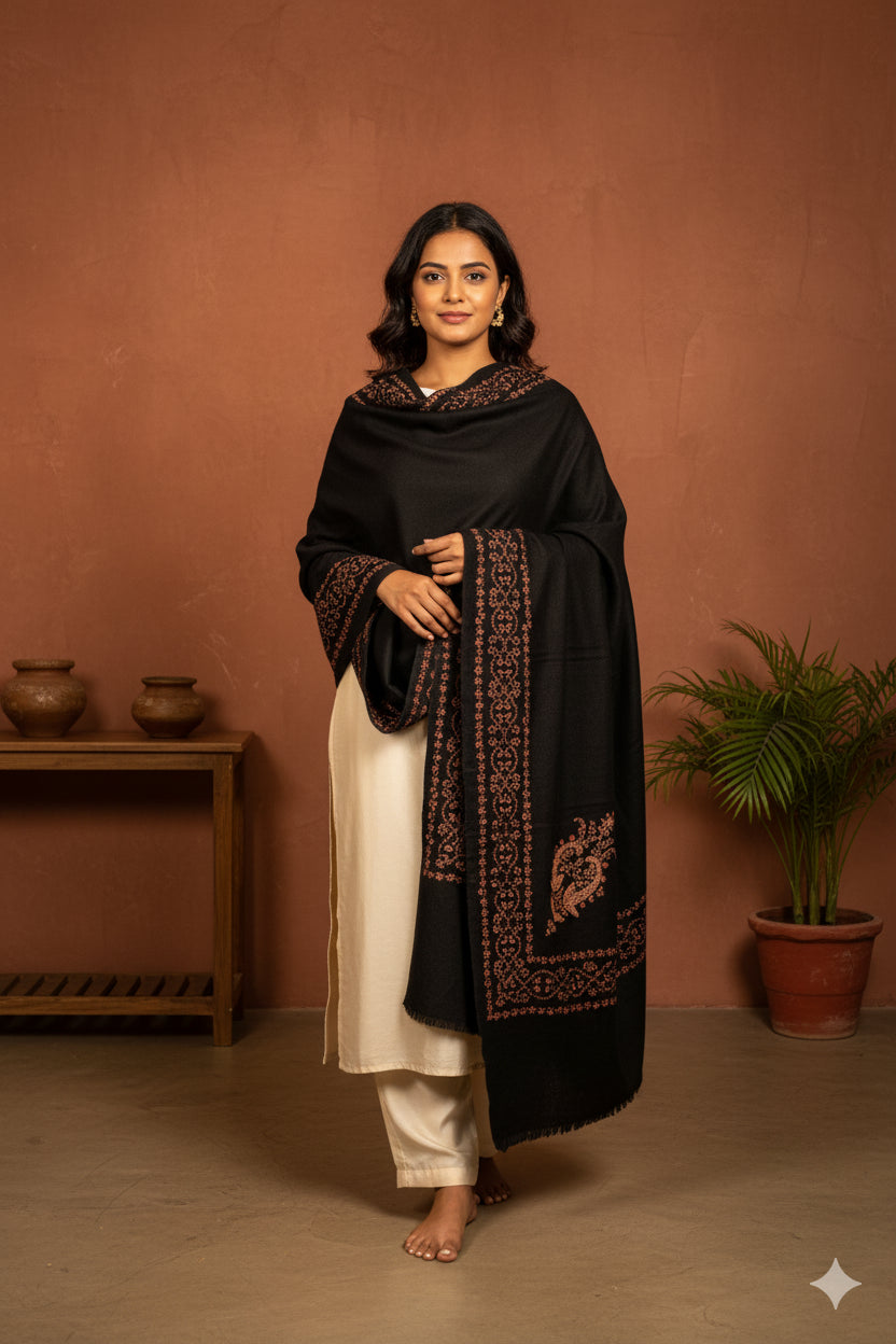 Sanskriti Vintage Long Black Woolen Shawl Hand Embroidered Suzani Throw Stole