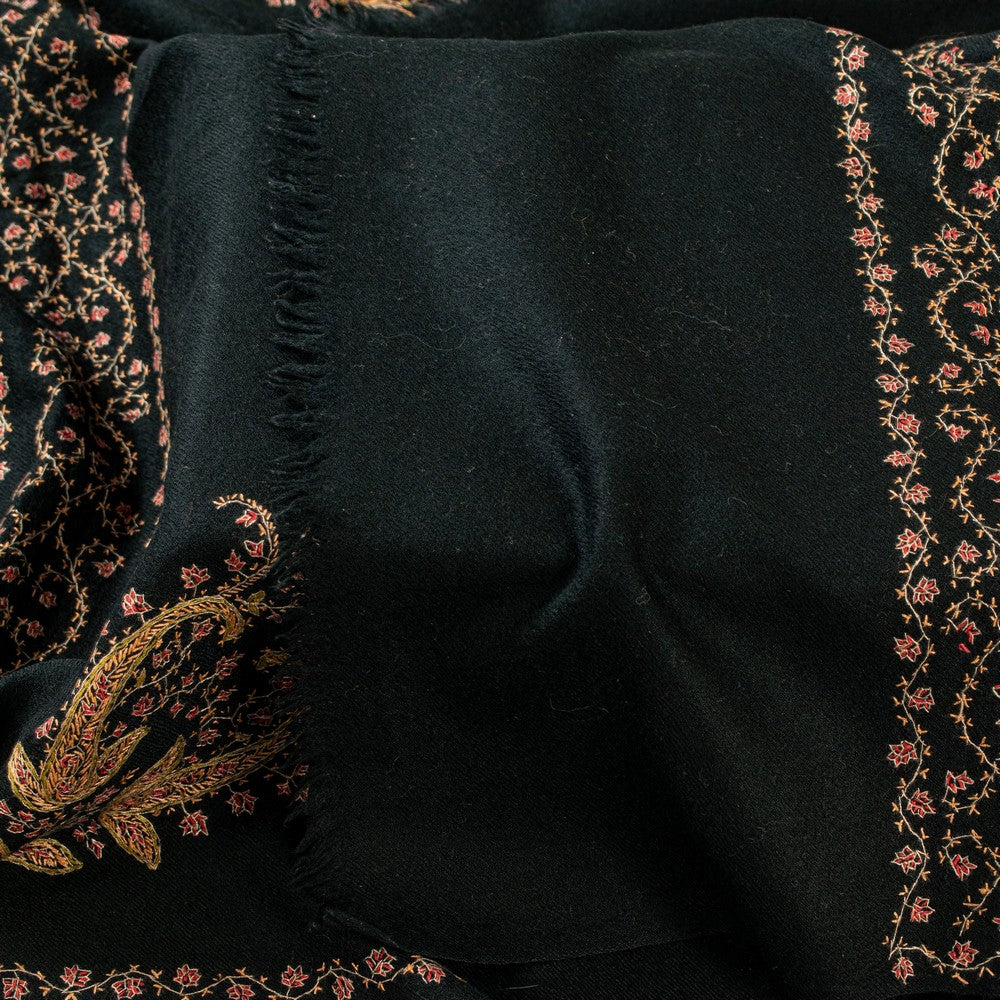 Sanskriti Vintage Long Black Woolen Shawl Hand Embroidered Suzani Throw Stole