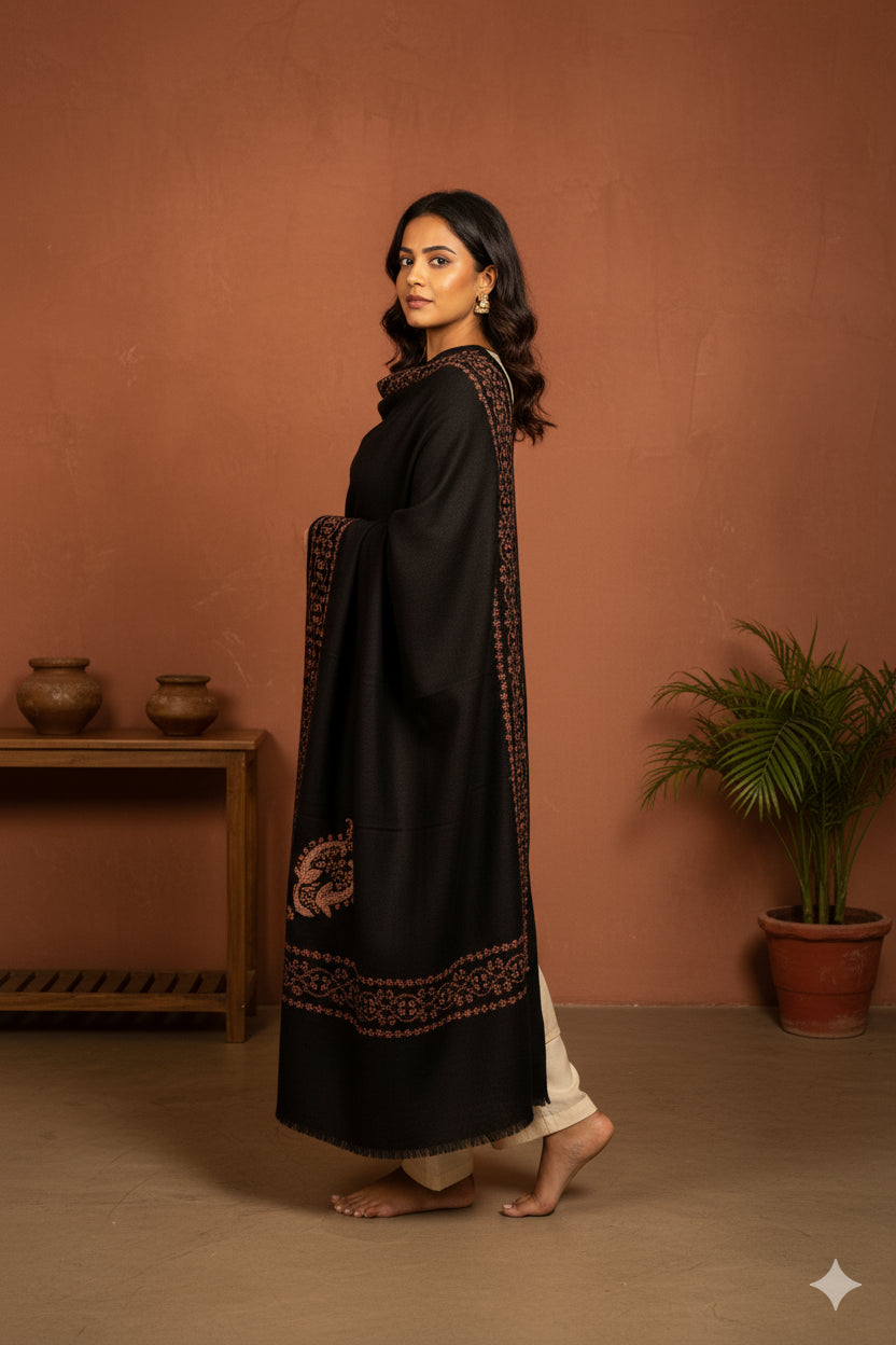 Sanskriti Vintage Long Black Woolen Shawl Hand Embroidered Suzani Throw Stole