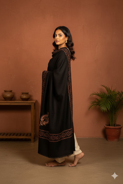 Sanskriti Vintage Long Black Woolen Shawl Hand Embroidered Suzani Throw Stole