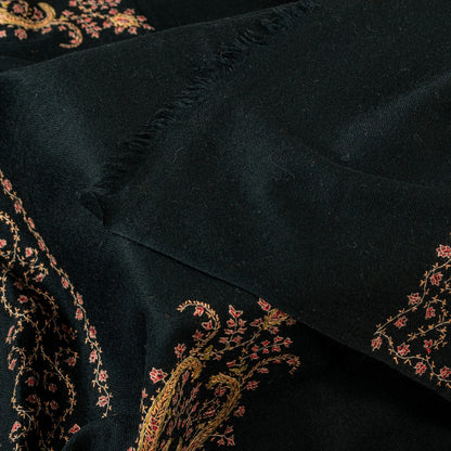 Sanskriti Vintage Long Black Woolen Shawl Hand Embroidered Suzani Throw Stole