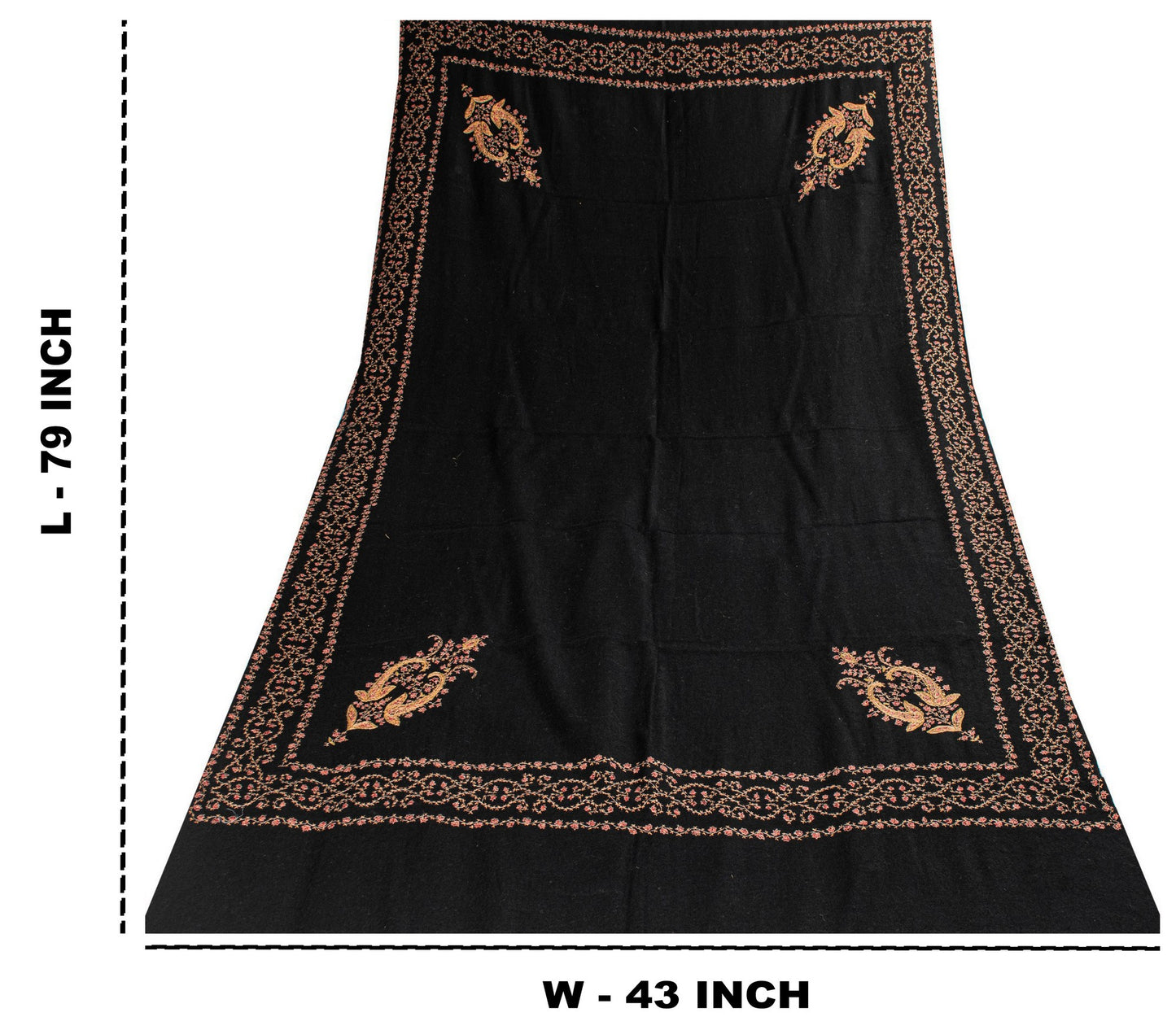 Sanskriti Vintage Long Black Woolen Shawl Hand Embroidered Suzani Throw Stole