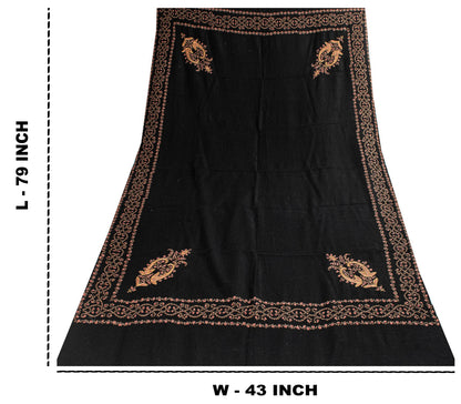 Sanskriti Vintage Long Black Woolen Shawl Hand Embroidered Suzani Throw Stole