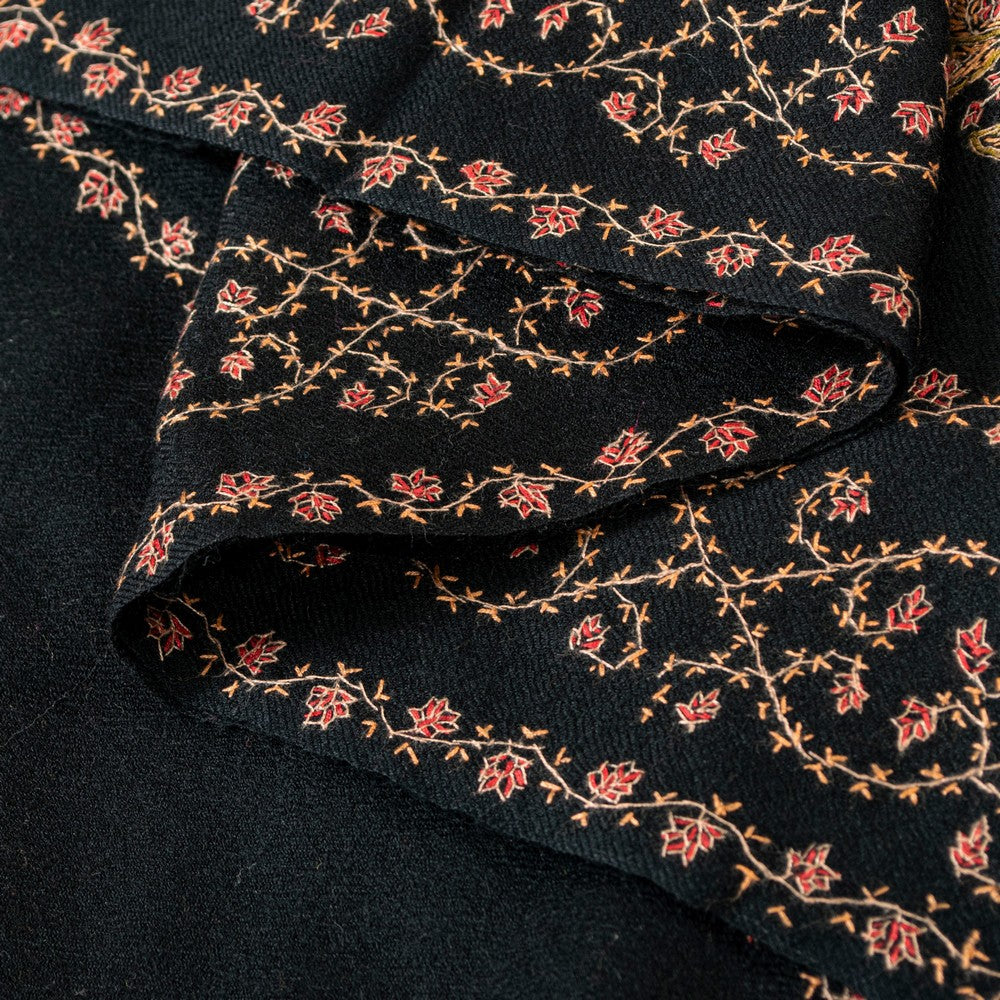 Sanskriti Vintage Long Black Woolen Shawl Hand Embroidered Suzani Throw Stole