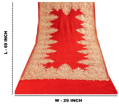 Sanskriti Vintage Long Red Pure Woolen Kashmiri Hand Embroidery Aari Work Shawl