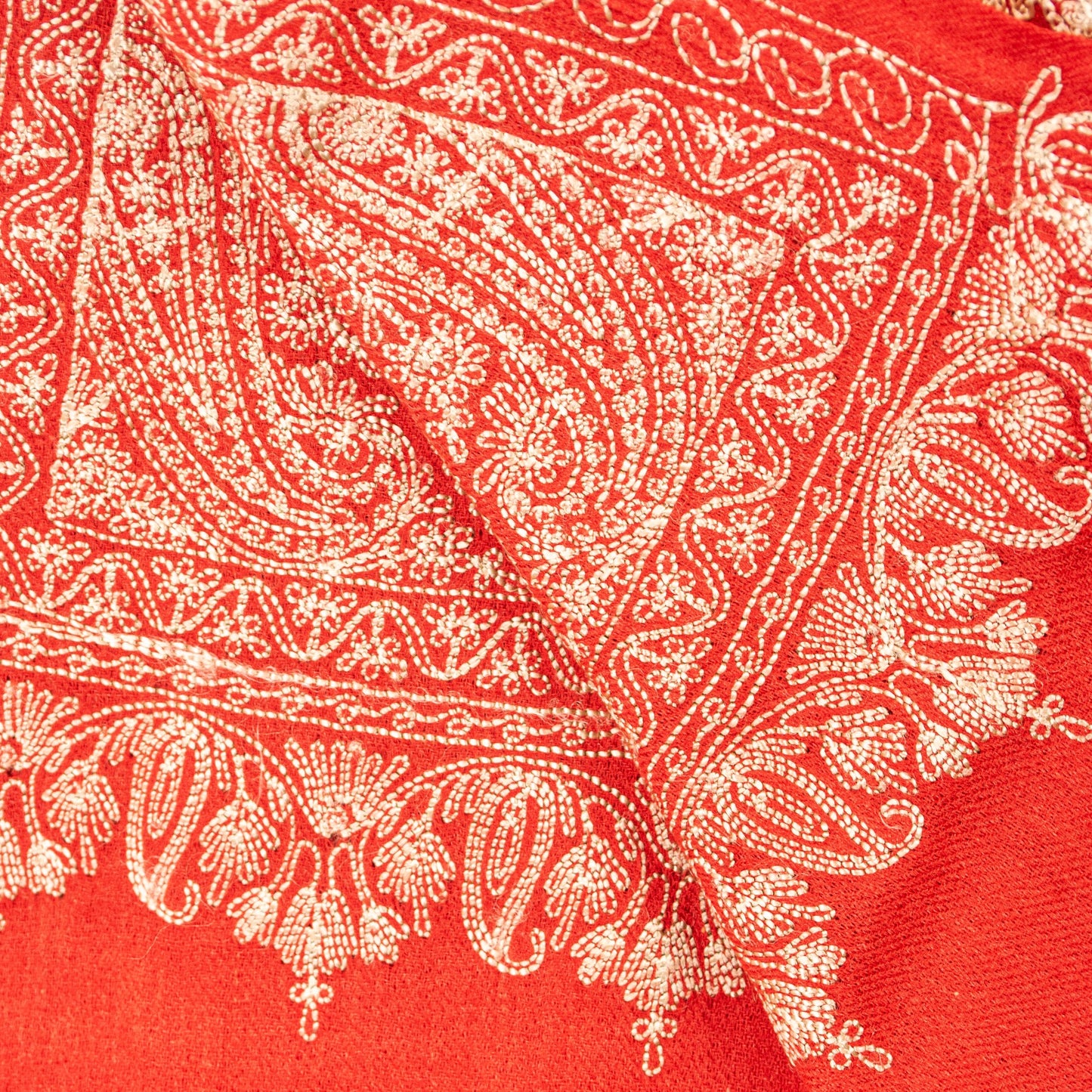 Sanskriti Vintage Long Red Pure Woolen Kashmiri Hand Embroidery Aari Work Shawl