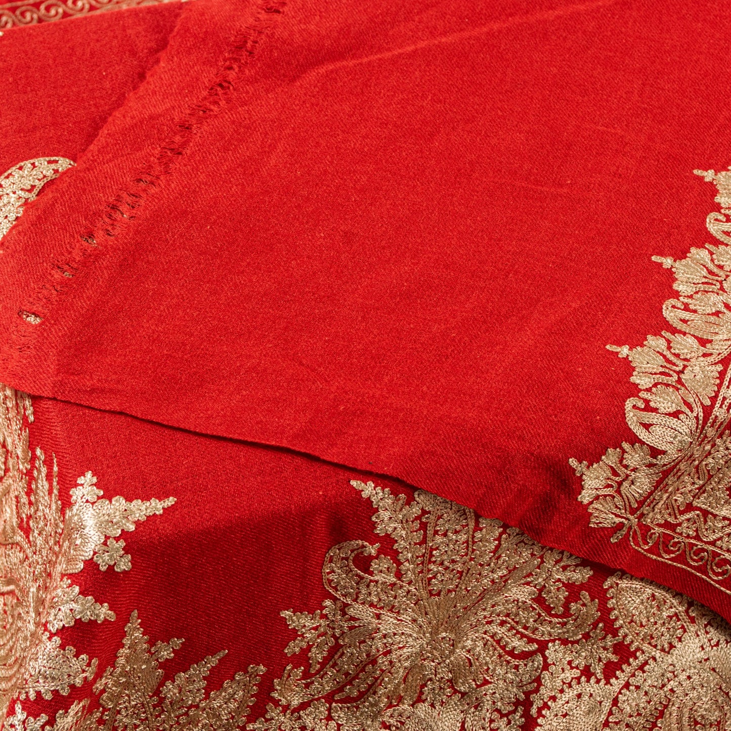 Sanskriti Vintage Long Red Pure Woolen Kashmiri Hand Embroidery Aari Work Shawl
