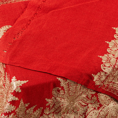 Sanskriti Vintage Long Red Pure Woolen Kashmiri Hand Embroidery Aari Work Shawl