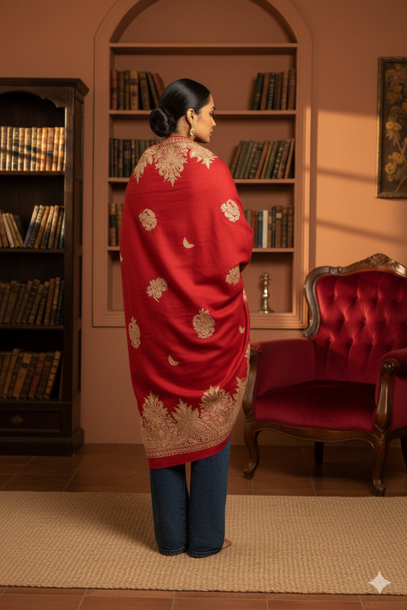 Sanskriti Vintage Long Red Pure Woolen Kashmiri Hand Embroidery Aari Work Shawl