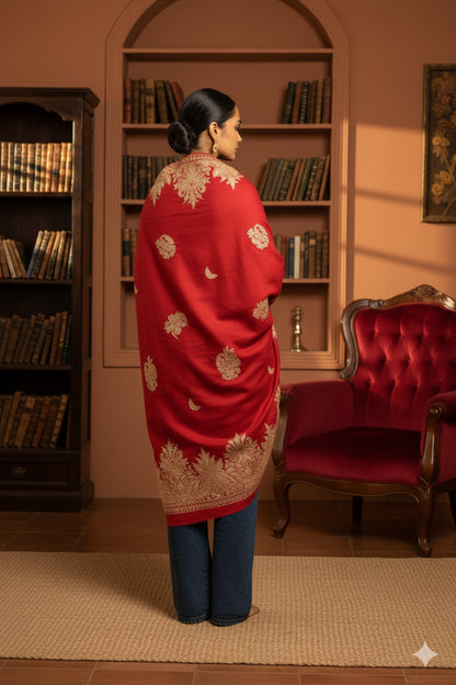 Sanskriti Vintage Long Red Pure Woolen Kashmiri Hand Embroidery Aari Work Shawl