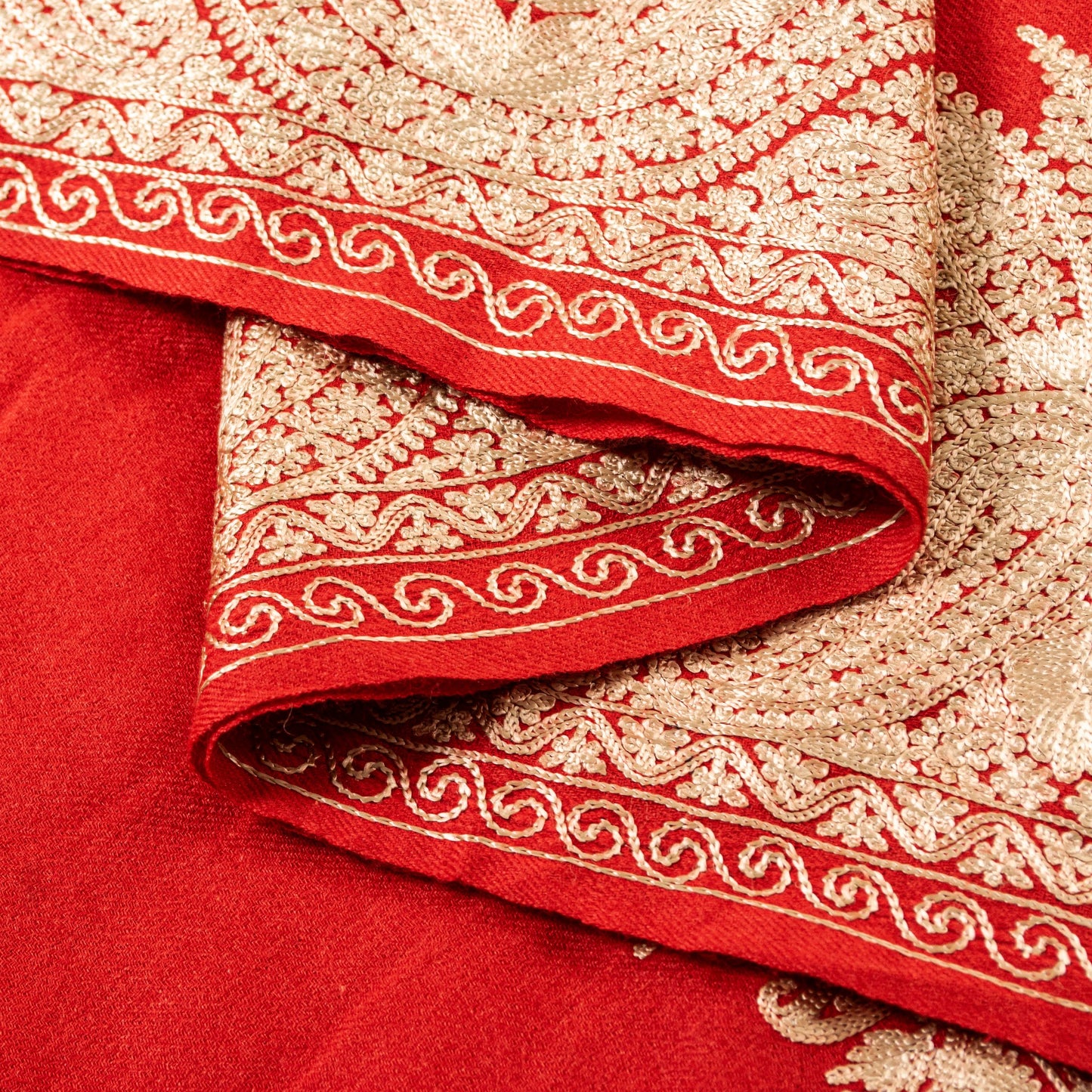 Sanskriti Vintage Long Red Pure Woolen Kashmiri Hand Embroidery Aari Work Shawl