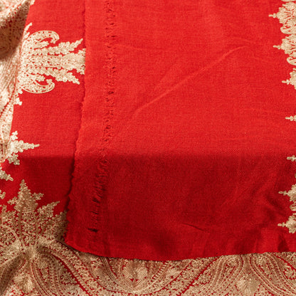 Sanskriti Vintage Long Red Pure Woolen Kashmiri Hand Embroidery Aari Work Shawl