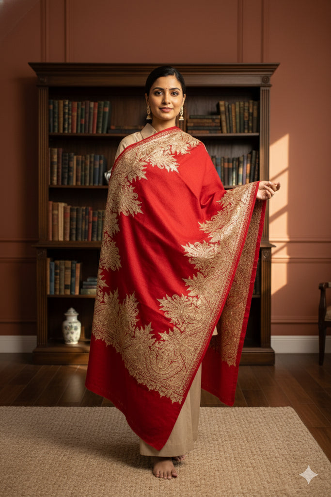 Sanskriti Vintage Long Red Pure Woolen Kashmiri Hand Embroidery Aari Work Shawl