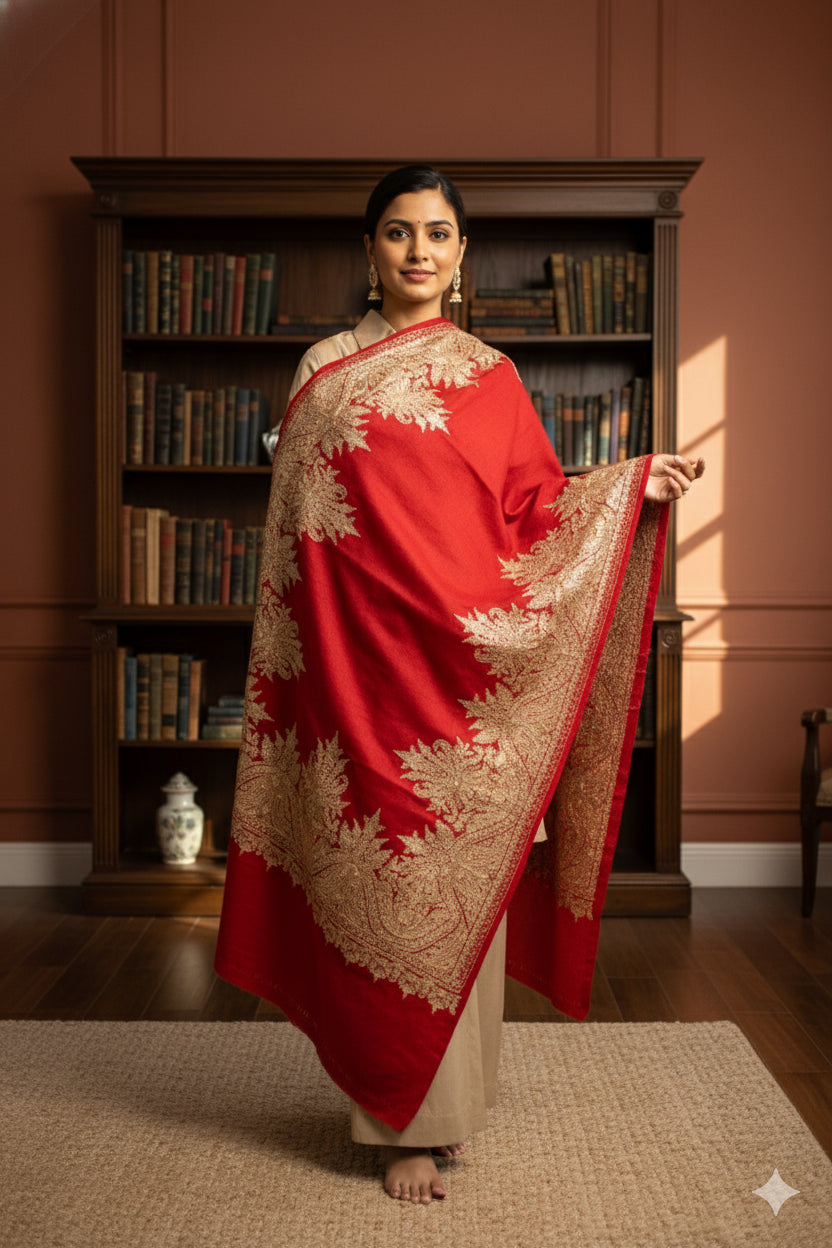 Sanskriti Vintage Long Red Pure Woolen Kashmiri Hand Embroidery Aari Work Shawl