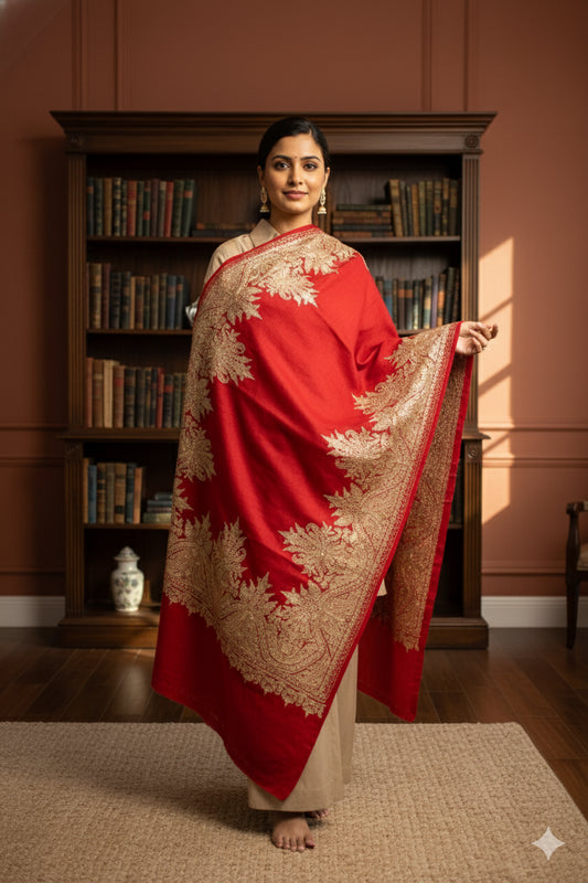 Sanskriti Vintage Long Red Pure Woolen Kashmiri Hand Embroidery Aari Work Shawl