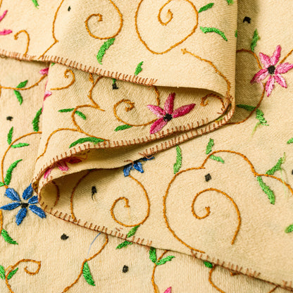 Sanskriti Vintage Long Cream Kashmiri Pure Woolen Hand Embroidered Aari Shawl