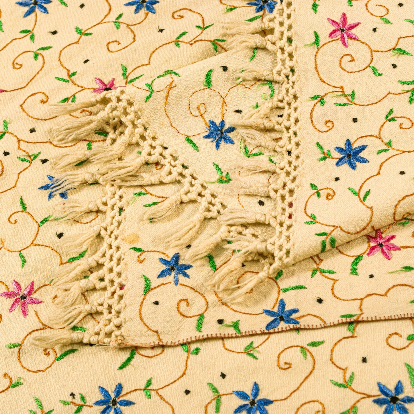 Sanskriti Vintage Long Cream Kashmiri Pure Woolen Hand Embroidered Aari Shawl