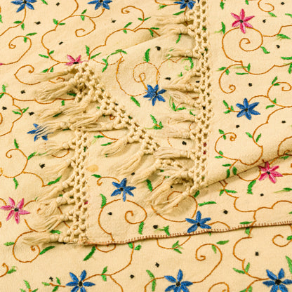 Sanskriti Vintage Long Cream Kashmiri Pure Woolen Hand Embroidered Aari Shawl